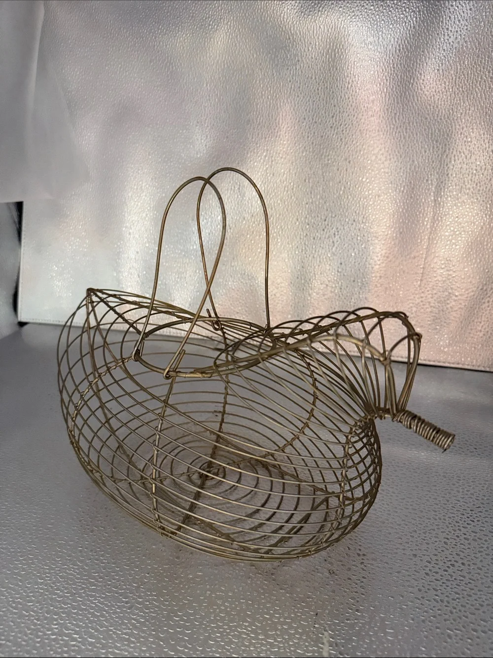 Vintage Bird Silhouette Gold Wire Basket  with dual loop Handles
